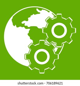World planet and gears icon white isolated on green background. Vector illustration