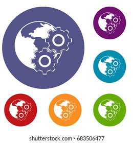 World planet and gears icons set