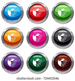 World planet and gears set icon isolated on white. 9 icon collection vector illustration