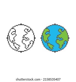 Planeta mundial, globo terrestre. Icono de vector de 8 bits de arte de píxeles