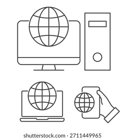 globo do planeta mundial no computador desktop, laptop e smartphone no conjunto de ícones de mão