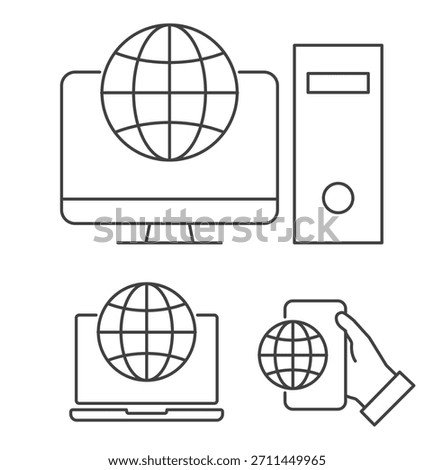 world planet globe on desktop computer, laptop and smartphone in hand icon set