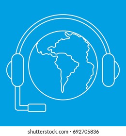 World planet and headset icon blue outline style isolated vector illustration. Thin line sign