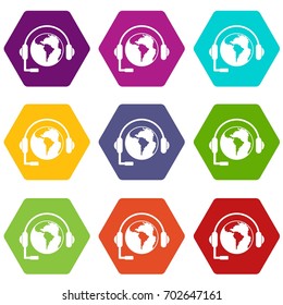 World planet and headset icon set many color hexahedron isolated on white vector illustration