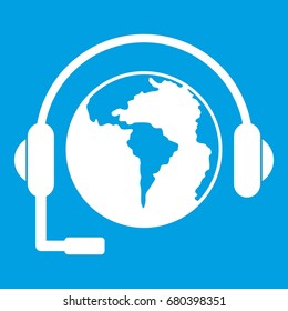 World planet and headset icon white isolated on blue background vector illustration