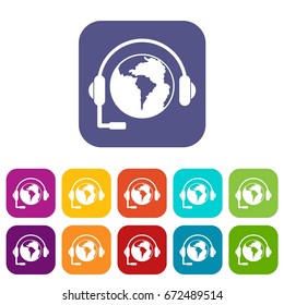 World planet and headset icons set vector illustration in flat style In colors red, blue, green and other