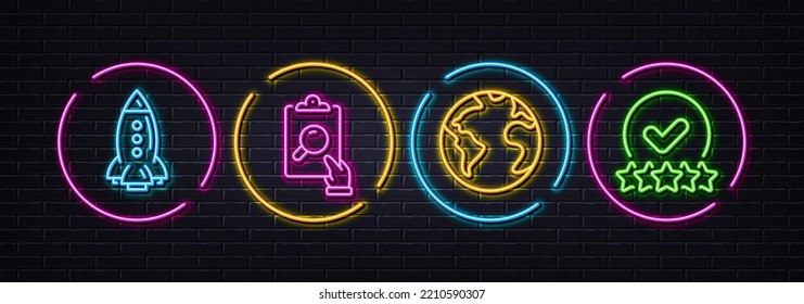 World planet, Inspect and Rocket minimal line icons. Neon laser 3d lights. Rating stars icons. For web, application, printing. Internet business, Clipboard document, Spaceship. Verified rank. Vector