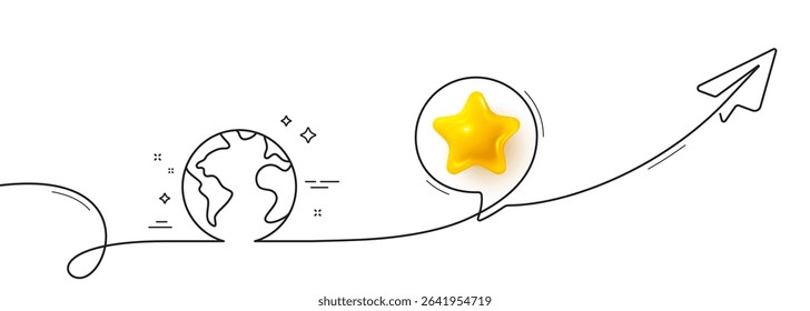 World planet line icon. Continuous line with share plane. Web internet sign. Global marketing symbol. 3d star in speech bubble. World planet single line ribbon. Loop curve pattern. Vector