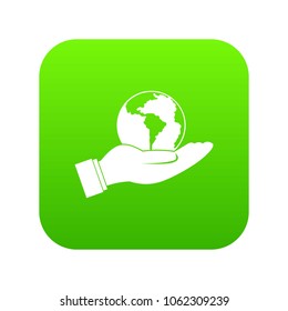 World planet in man hand icon digital green for any design isolated on white vector illustration