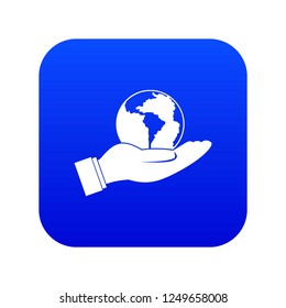 World planet in man hand icon digital blue for any design isolated on white vector illustration