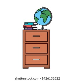 world planet map and books in drawer