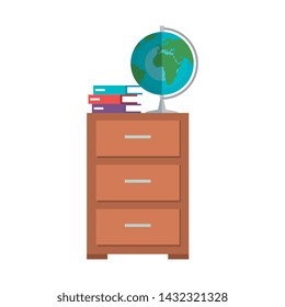 world planet map and books in drawer