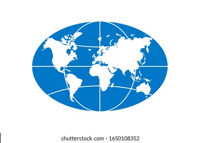 World Planet Map Elongated Circle Ellipse Blue Icon. Globe Earth Continents Vector Oval Isolated Symbol