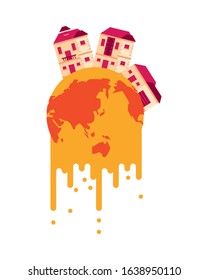 world planet melting global warming with houses vector illustration design
