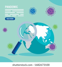 planetario mundial con partículas covid 19 y lupa diseño de ilustración vectorial de vidrio