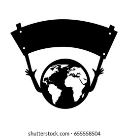 world planet with protest banner comic character
