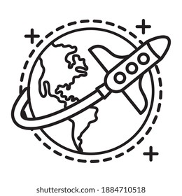 world planet with rocket flying line style icon vector illustration design
