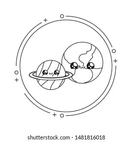 world with planet saturn in frame circular kawaii style