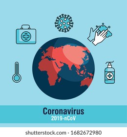world planet with set icons of covid 19 vector illustration design