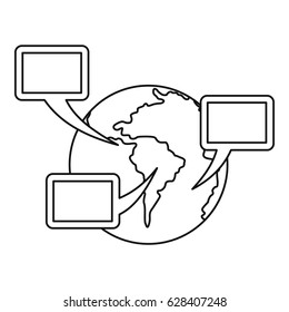 World planet and speech bubbles icon in outline style isolated on white background vector illustration