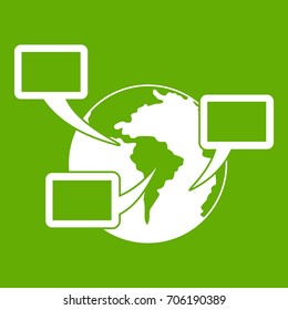 World planet and speech bubbles icon white isolated on green background. Vector illustration