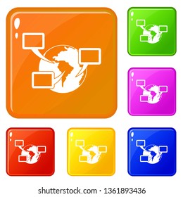 World planet and speech bubbles icons set collection vector 6 color isolated on white background