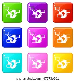 World planet and speech bubbles icons of 9 color set isolated vector illustration