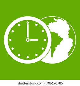 World planet with watch icon white isolated on green background. Vector illustration