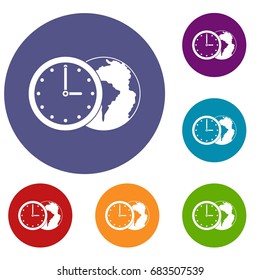 World planet with watch icons set