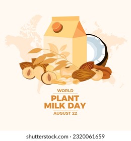 Ilustración vectorial del Día Mundial de la Leche Vegetal. Dibujar alternativas de leche a base de plantas. Caja del vector de leche vegetal. Cartón de leche con nueces, avena, ilustración de soja. 22 de agosto cada año. Día importante