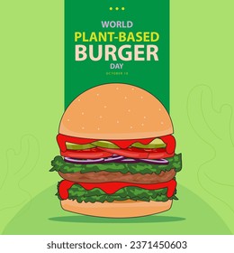 World Plant-Based Burger Day on october 10, with a delicious burger vector illustration  and text isolated on abstract background for commemorate and celebrate World Plant-Based Burger Day. 