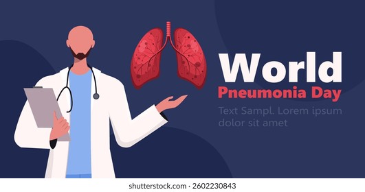 World Pneumonia Day. Black male physician in a medical uniform, holding and presenting a model of a lung. Vector illustration Not AI generated