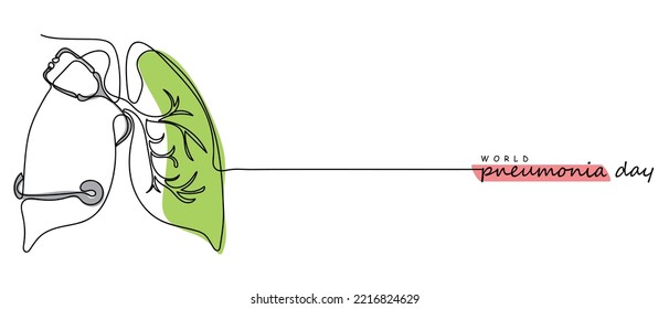 World pneumonia day line art. Continuous line art concept design with lungs. Stethoscope around lungs. Bacterial infection. Multiple micro-organisms sticking to your lungs and infect your lungs. 