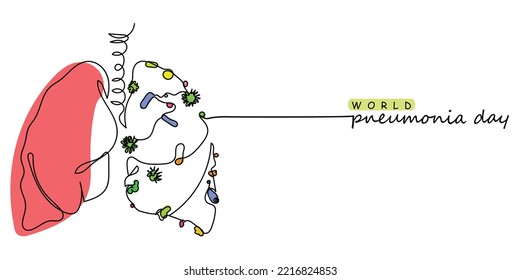 World pneumonia day line art. Continuous line art concept design with lungs. Stethoscope around lungs. Bacterial infection. Multiple micro-organisms sticking to your lungs and infect your 