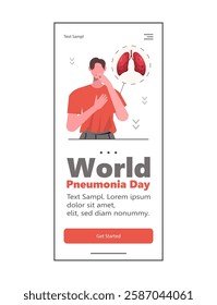 World Pneumonia Day. A patient feels unwell and coughs. These symptoms could mean a cold, bronchitis, or pneumonia. Web design and mobile template. Vector Not AI generated