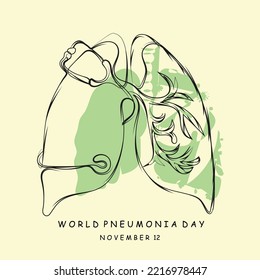 World Pneumonia day poster design. Continuous line art vector of banner or postcard. Every breath counts. People coughing due to lungs infection. Infested lungs with bacterial growth line art