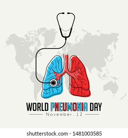 World Pneumonia Day, Red ble Lungs Color Cartoon Vector with stethoscope design