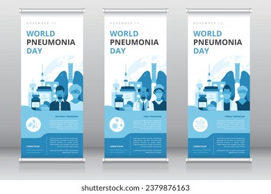 World pneumonia day roll up banner or retractable banner, standee, X-banner templates for raising awareness of bacterial,viral and fungal pneumonia, prevention methods and treatments