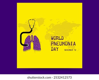 Tipografía de Ilustración vectorial del Día Mundial de la Neumonía con fondo amarillo del mapa mundial aislado. El icono del pulmón y el estetoscopio conmemora el Día Internacional de la Neumonía el 12 de noviembre.