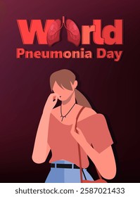 World Pneumonia Day. Young woman feels unwell and coughs. These symptoms could mean a cold, bronchitis, or pneumonia. Vector web banner for social media, posts, cards and flyers. Not AI generated