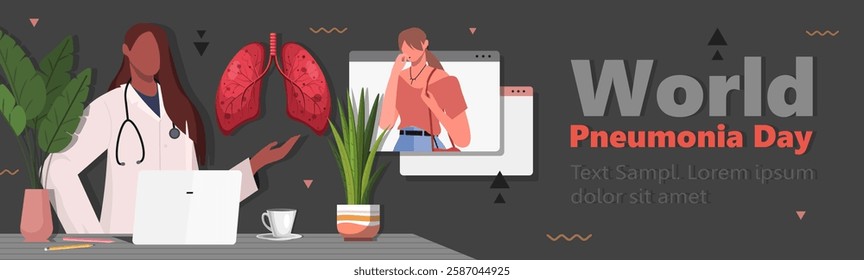 World pneumonia day. A young woman feels unwell and coughs. She is having an online consultation with a doctor. The female patient talks with a therapist on a video call. Vector Not AI generated