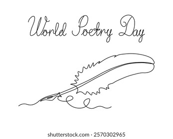 World Poetry Day. Abstract antique ink pen for writing, continuous single one line art hand drawing sketch logo