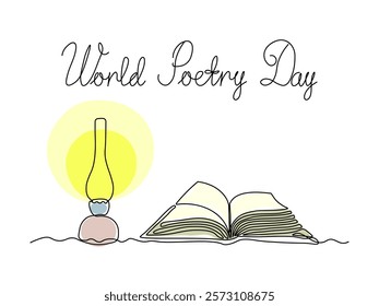 World Poetry Day. Abstract antique kerosene lamp and open book, continuous single one line art hand drawing sketch logo