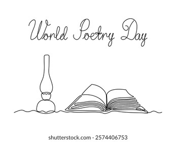 World Poetry Day. Abstract antique kerosene lamp and open book, continuous single one line art hand drawing sketch logo
