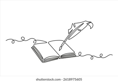 World Poetry Day. Abstract antique ink pen for writing and open book, continuous single one line art hand drawing sketch logo. Editable stroke.