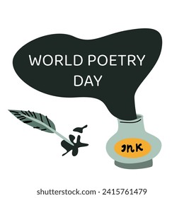 world poetry day banner with ink and feather. Vector illustration cartoon items for writing. 