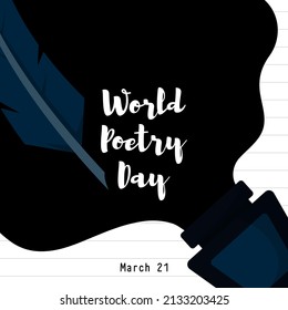 World poetry day. March 21. Vector illustration of ink bottle spilling on paper. Poster or banner.