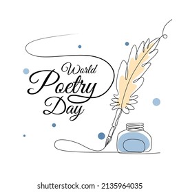 World Poetry Day, March 21. Vector Illustration Of Inkwell And Feather. Continuous Single Line Drawing.