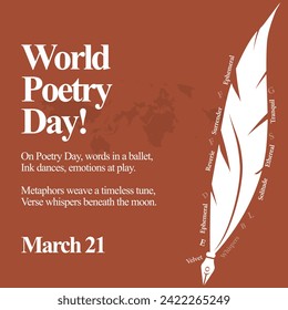 World Poetry Day. March 21, World poetry day celebration banner in brown colour with silhouette world map and a big quill pen icon in white colour. Poetry day conceptual banner with feather pen icon. 