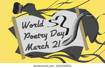 World poetry day, March 21. Vector illustration of inkwell, ancient paper scroll and feather.